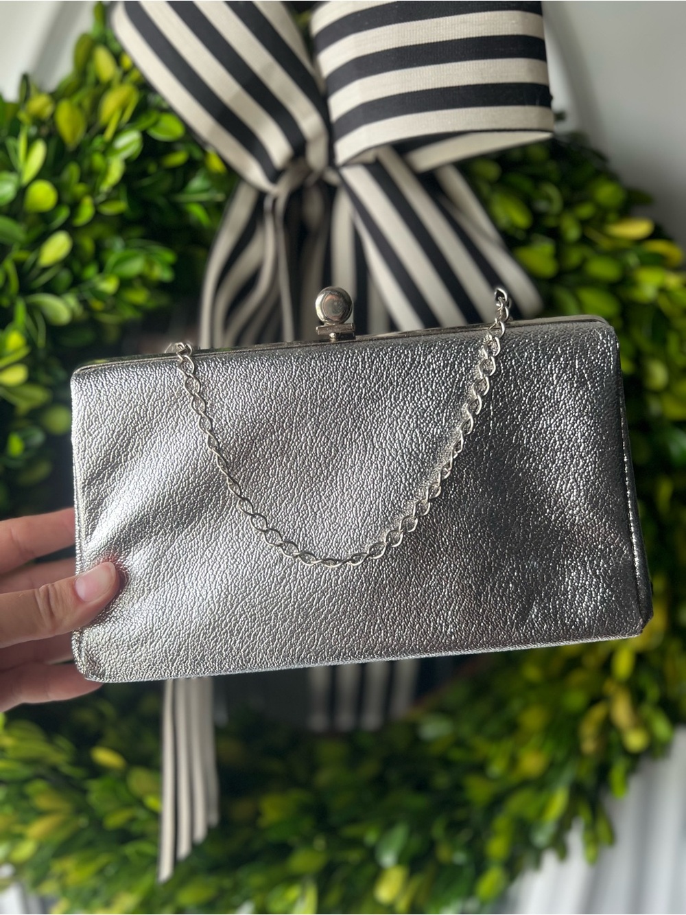 Metallic Silver Chain-Handle Evening Clutch